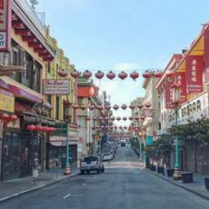 street with Chinese lanterns and storefronts